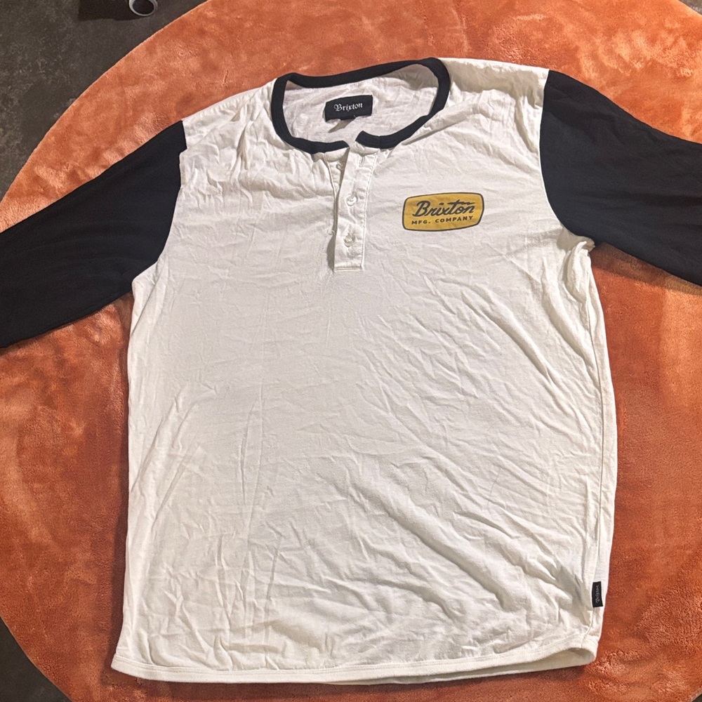 Brixton White Body Black Raglan Long Sleeve Henley with Yellow Logo Patch